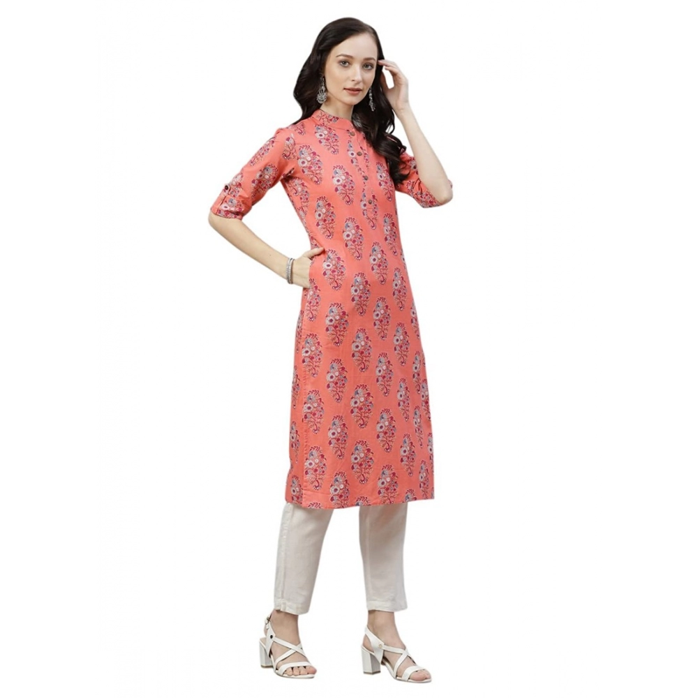 Generic Women's Cotton Printed Straight Kurti (Peach, Cotton) - Image 5
