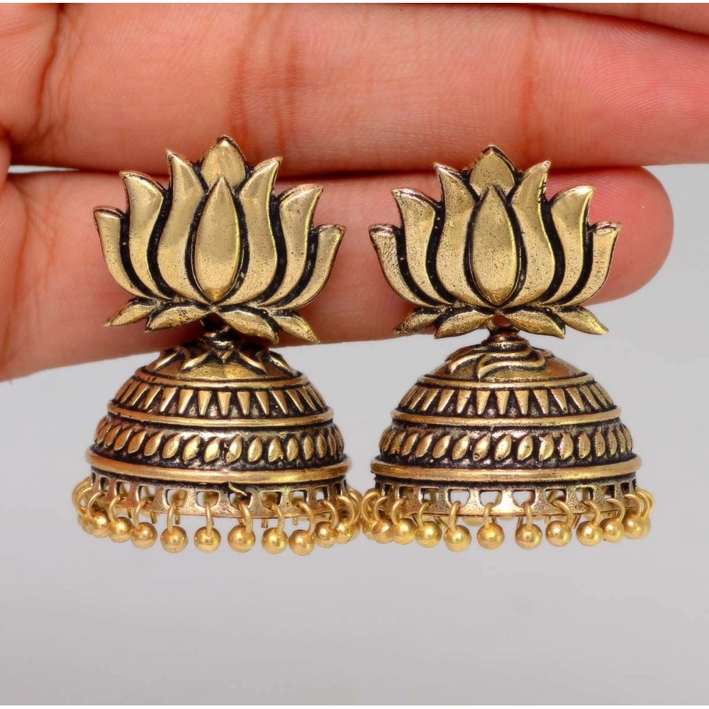generic women's handmade gold plated lotus shape oxidised jhumki