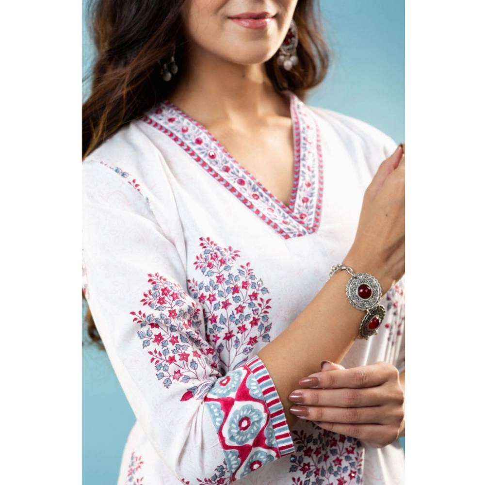 Generic Women's Casual 3/4th Sleeve Floral Print Cotton Kurti Set (Off White) - Image 2