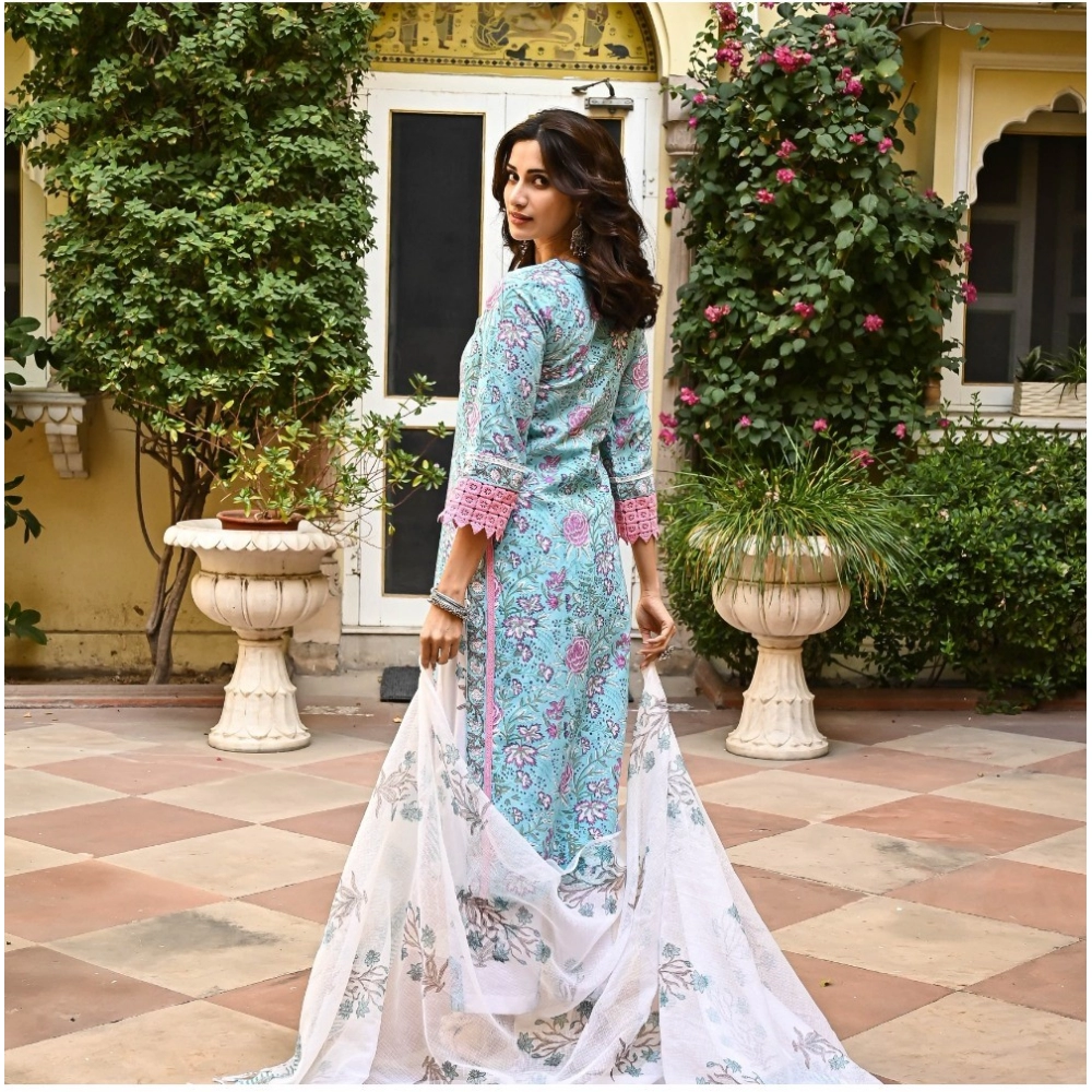 Generic Women's Casual 3/4th Sleeve Floral Print Cotton Kurti Set (Skyblue) - Image 8