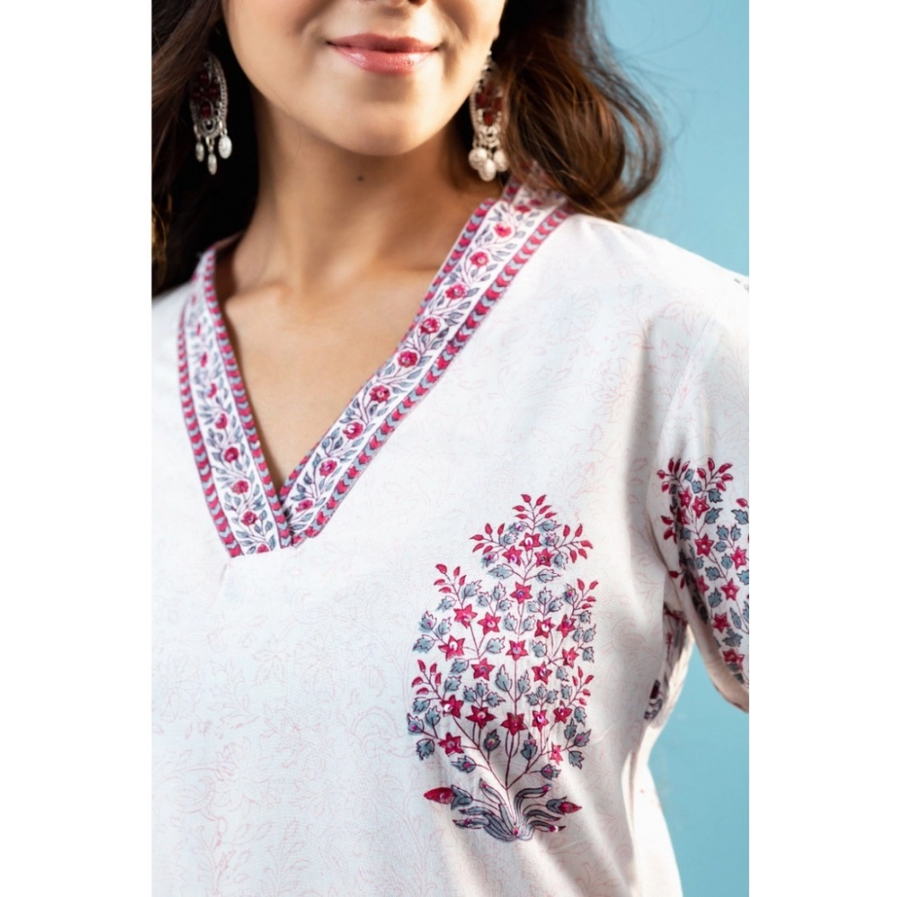 Generic Women's Casual 3/4th Sleeve Floral Print Cotton Kurti Set (Off White) - Image 3