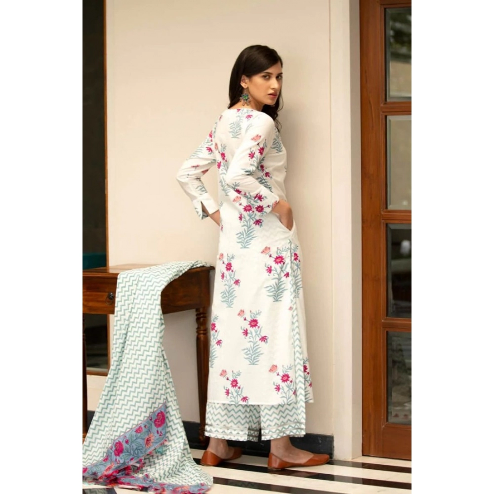 Generic Women's Casual 3/4th Sleeve Floral Print Cotton Kurti Set (White) - Image 7