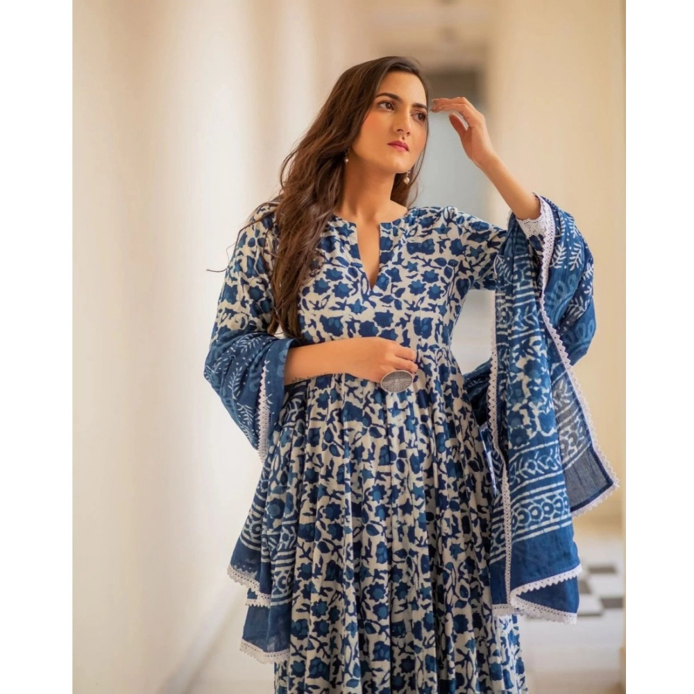 Generic Women's Casual 3/4th Sleeve Printed Cotton Kurti Set (Blue) - Image 3