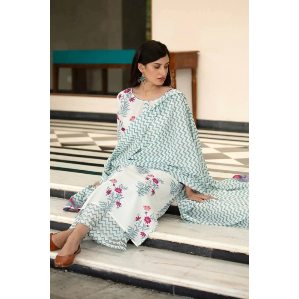 Generic Women's Casual 3/4th Sleeve Floral Print Cotton Kurti Set (White) - Image 4