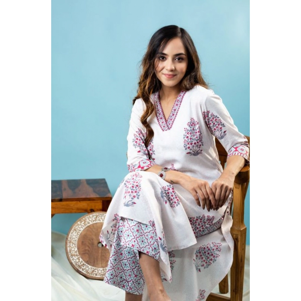 Generic Women's Casual 3/4th Sleeve Floral Print Cotton Kurti Set (Off White) - Image 6