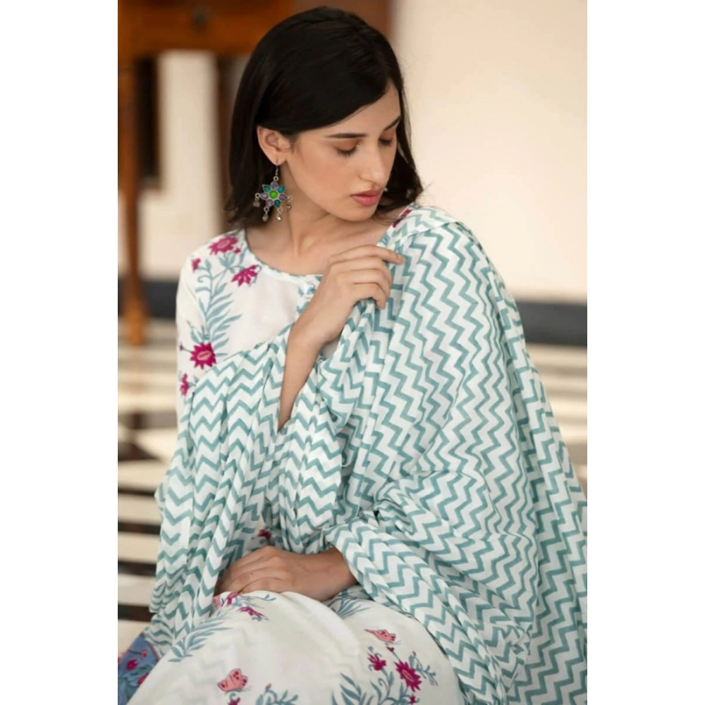 Generic Women's Casual 3/4th Sleeve Floral Print Cotton Kurti Set (White) - Image 2