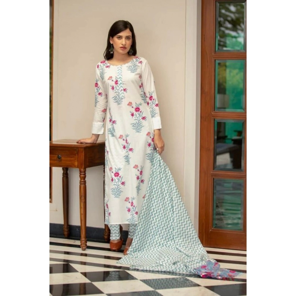 Generic Women's Casual 3/4th Sleeve Floral Print Cotton Kurti Set (White) - Image 6