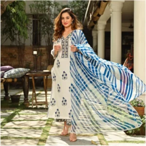 Generic Women's Casual 3/4th Sleeve Printed Cotton Kurti Set (White And Blue)