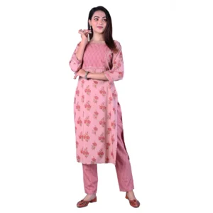 Generic Women's Casual 3/4 Sleeve Printed Rayon Kurti With Pant Set (Pink)
