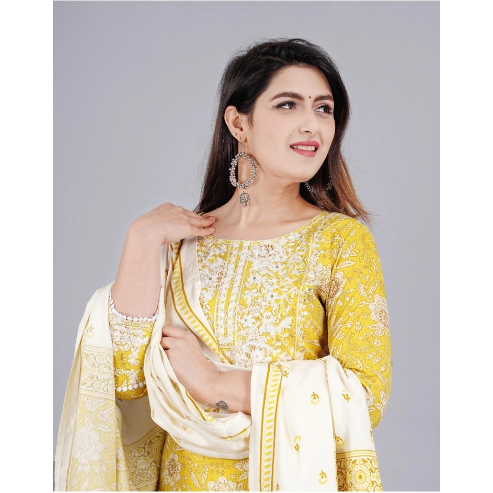 Generic Women's Casual 3/4 Sleeve Embroidered Rayon Kurti With Pant And Dupatta Set (Yellow) - Image 3