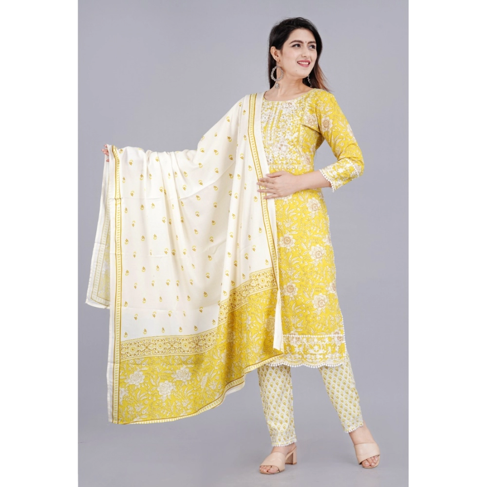 Generic Women's Casual 3/4 Sleeve Embroidered Rayon Kurti With Pant And Dupatta Set (Yellow) - Image 6