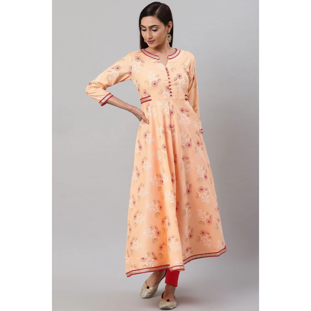Generic Women's Casual 3/4 th Sleeve Floral Printed Rayon Kurti (Peach) - Image 3
