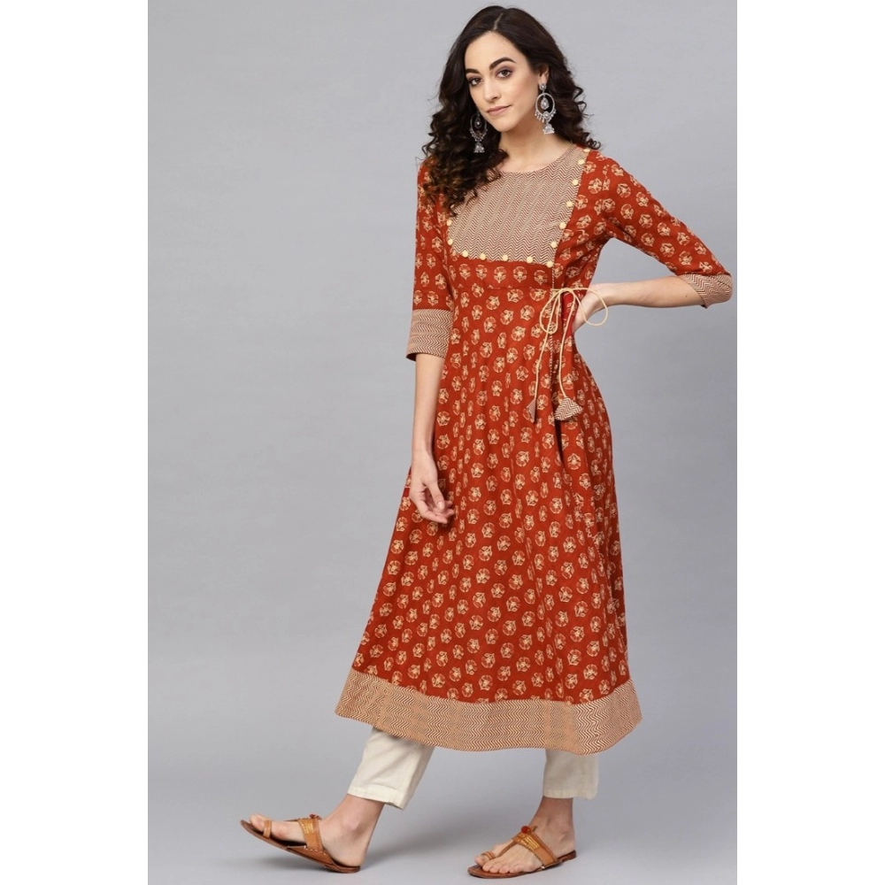 Generic Women's Casual 3/4 th Sleeve Floral Printed Cotton Slub Kurti (Brown) - Image 5