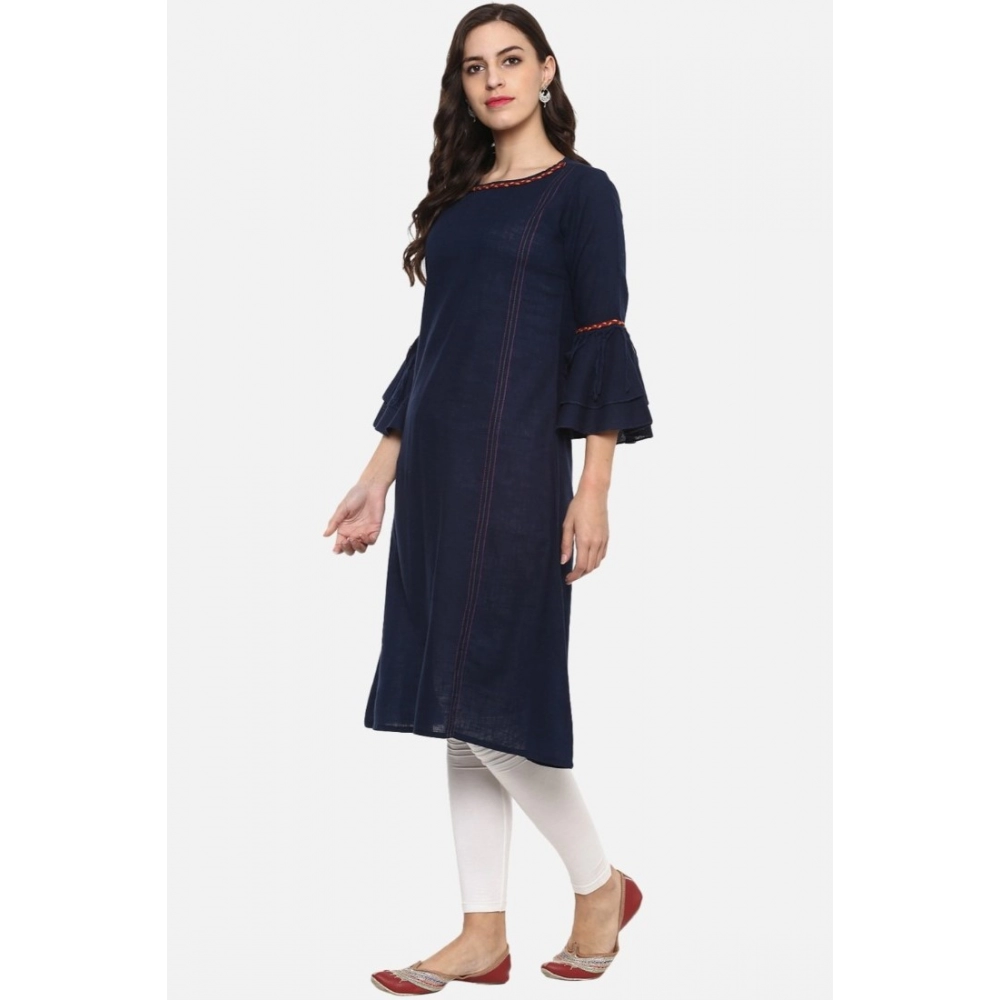 Generic Women's Casual Bell Sleeves Solid Cotton Slub Kurti (Blue) - Image 5