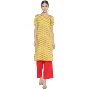 Generic Women's Casual Short Sleeves Floral Printed Cotton & Rayon Kurti Palazzo Set (Yellow & Red)