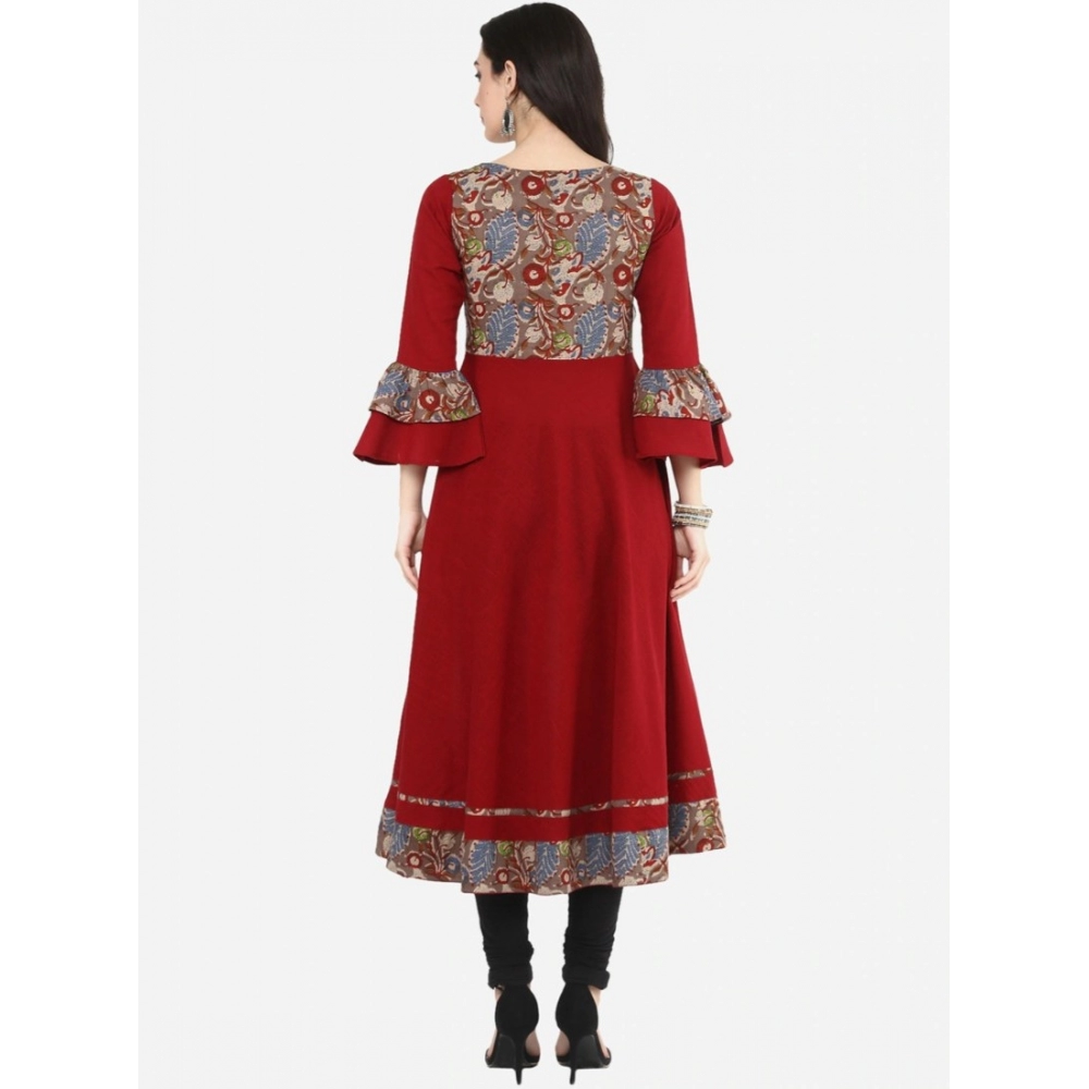 Generic Women's Casual Bell Sleeves Printed Cotton Kurti (Maroon) - Image 2