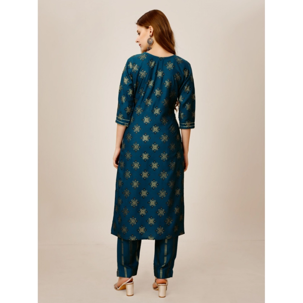 Generic Women's Casual 3-4 th Sleeve Embroidery Rayon Kurti Pant Set (Blue) - Image 7