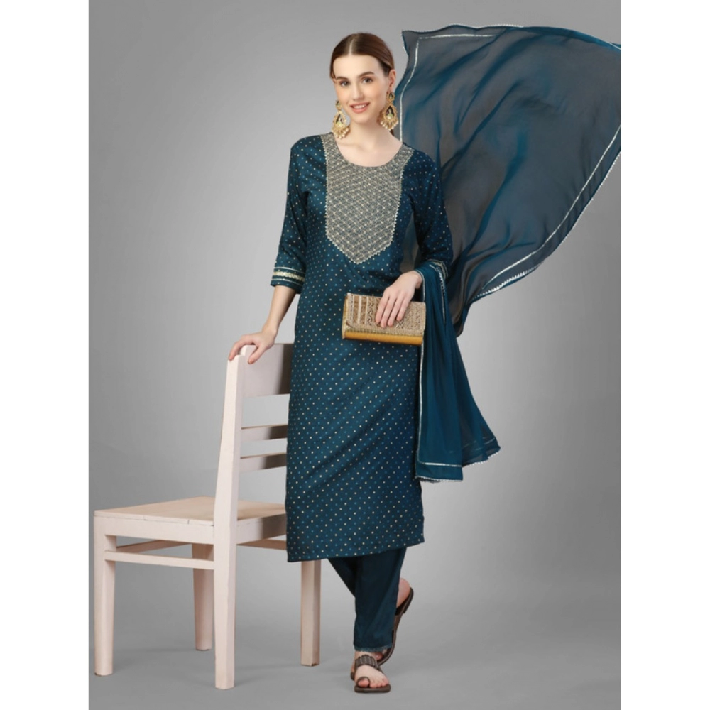 Generic Women's Casual 3-4 th Sleeve Embroidery Silk Blend Kurti Pant Dupatta Set (Blue) - Image 3