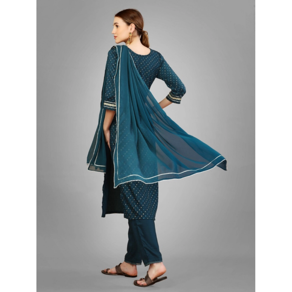 Generic Women's Casual 3-4 th Sleeve Embroidery Silk Blend Kurti Pant Dupatta Set (Blue) - Image 7