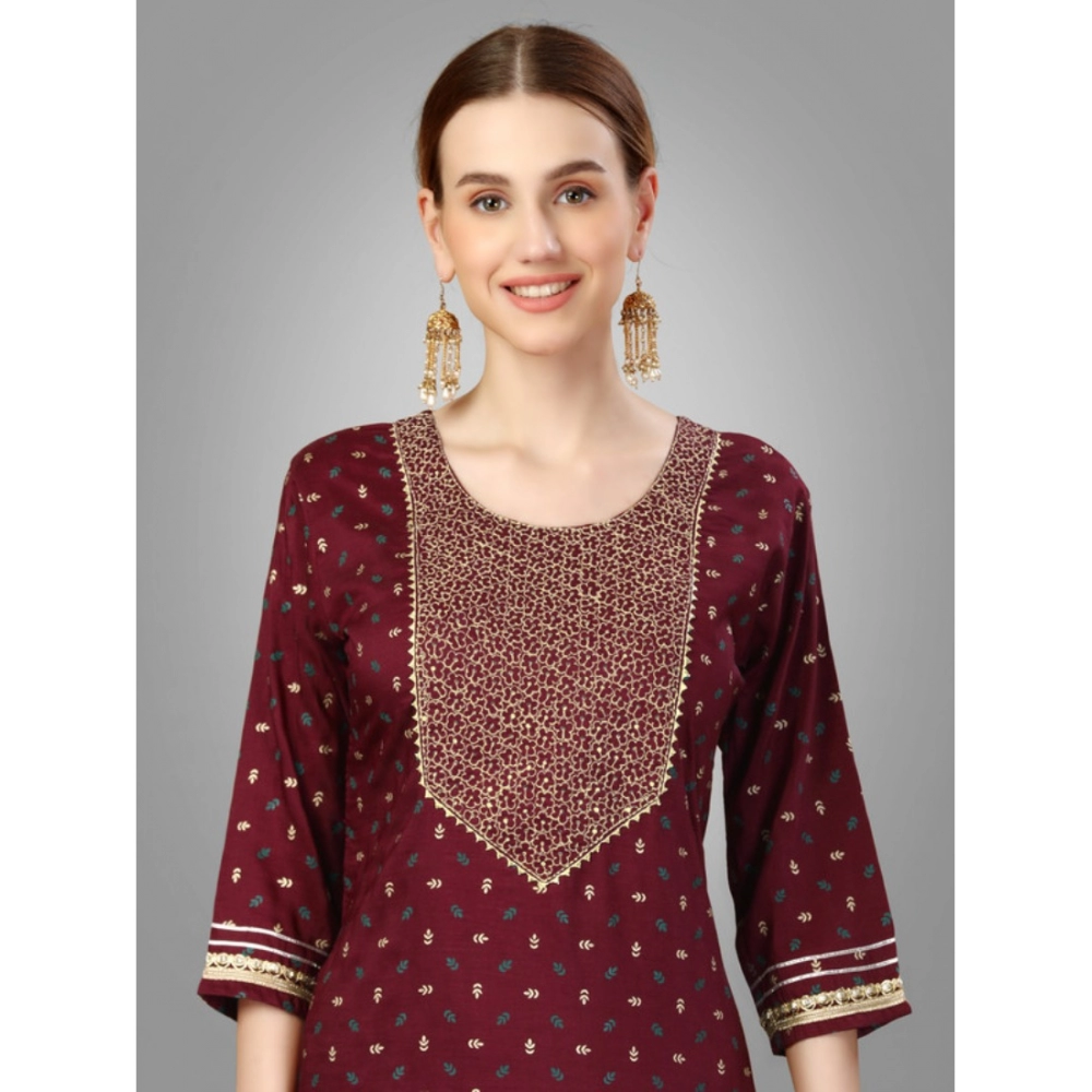Generic Women's Casual 3-4 th Sleeve Embroidery Silk Blend Kurti Pant Dupatta Set (Maroon) - Image 3