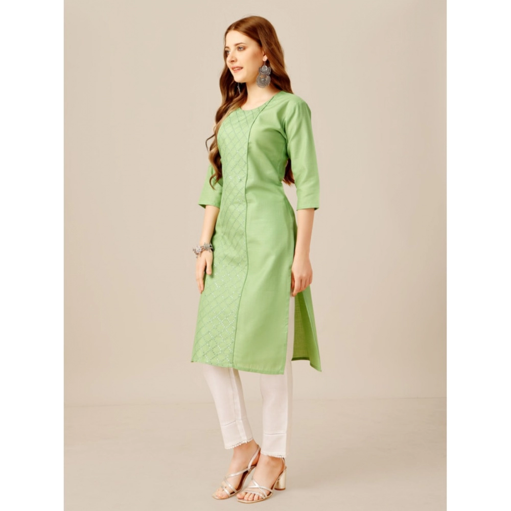 Generic Women's Casual 3-4 th Sleeve Embroidery Cotton Kurti Pant Set (Pista Green) - Image 4