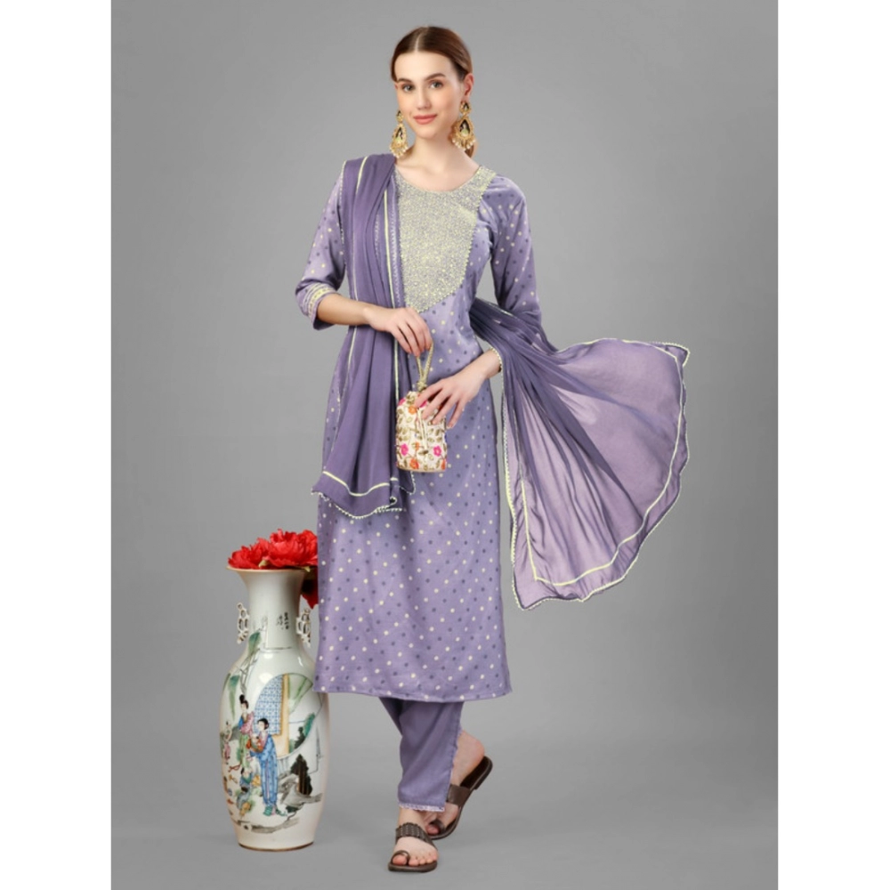Generic Women's Casual 3-4 th Sleeve Embroidery Silk Blend Kurti Pant Dupatta Set (Lavender) - Image 3