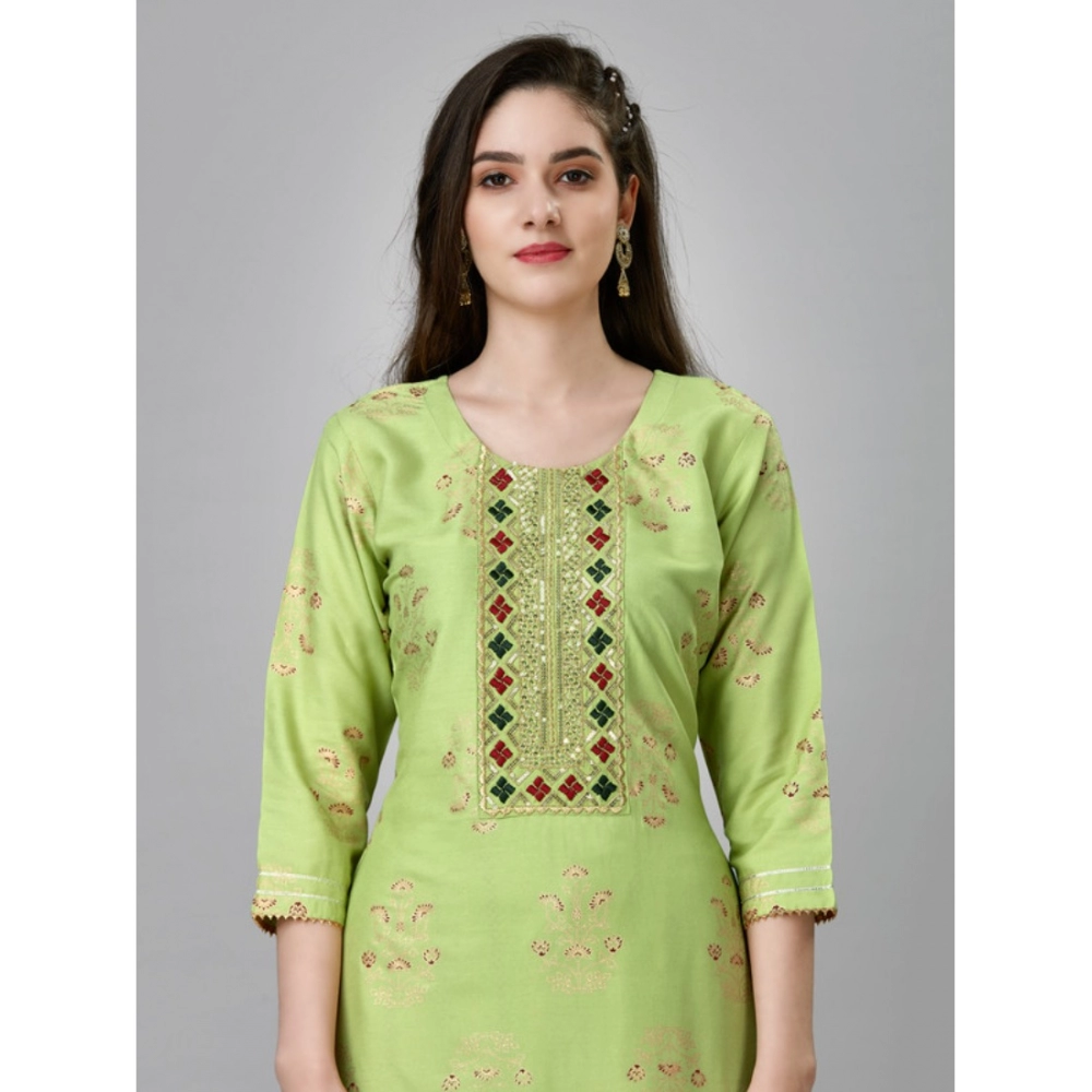 Generic Women's Casual 3-4 th Sleeve Embroidery Rayon Kurti Pant Set (Light Green) - Image 4