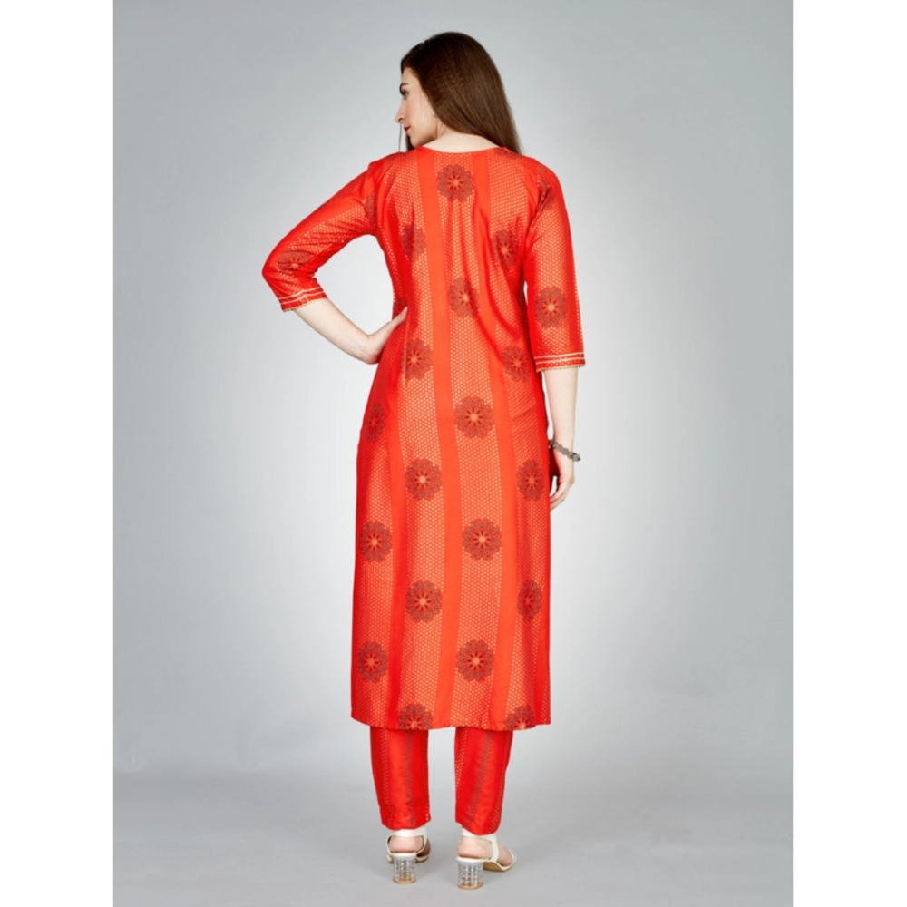 Generic Women's Casual 3-4 th Sleeve Embroidery Rayon Kurti Pant Set (Orange) - Image 7