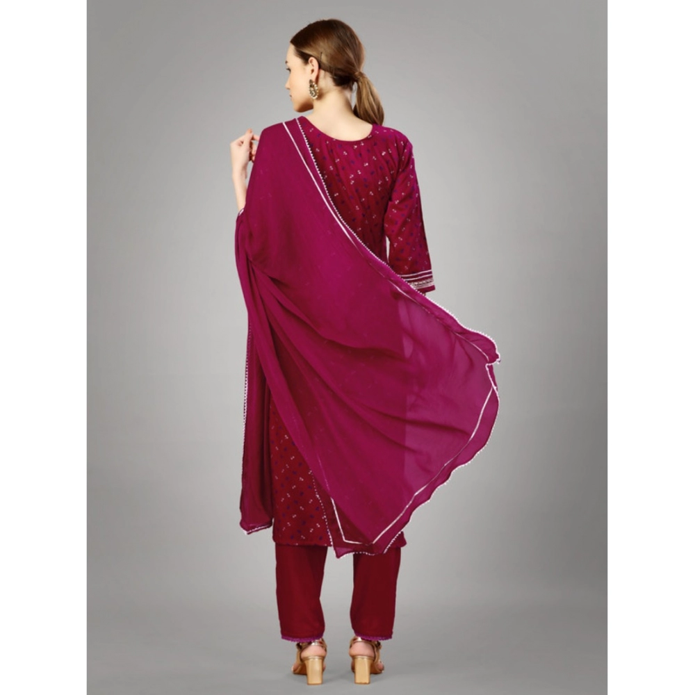 Generic Women's Casual 3-4 th Sleeve Embroidery Silk Blend Kurti Pant Dupatta Set (Rani) - Image 7