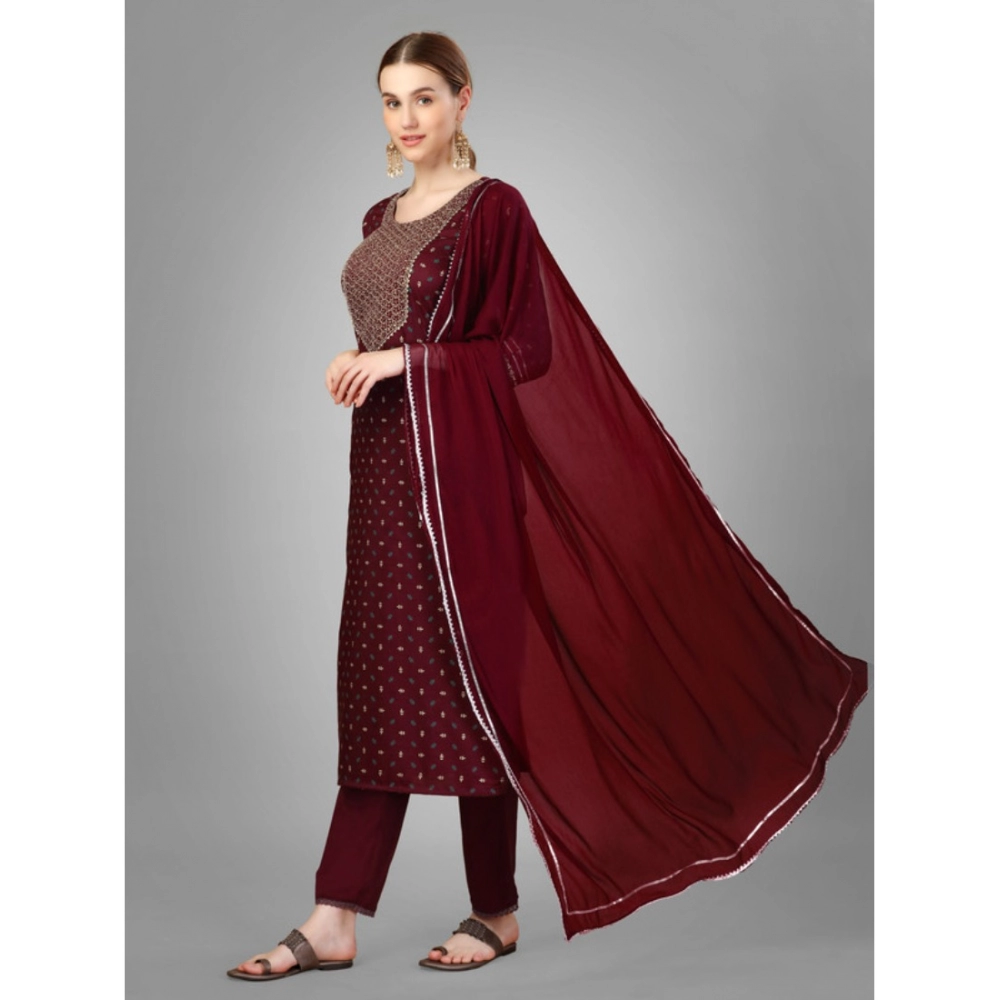 Generic Women's Casual 3-4 th Sleeve Embroidery Silk Blend Kurti Pant Dupatta Set (Maroon) - Image 4