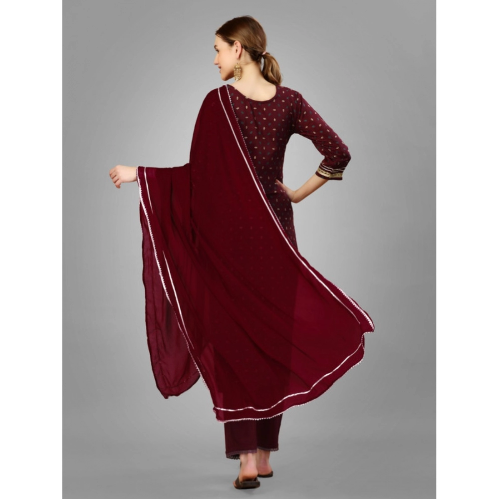 Generic Women's Casual 3-4 th Sleeve Embroidery Silk Blend Kurti Pant Dupatta Set (Maroon) - Image 6