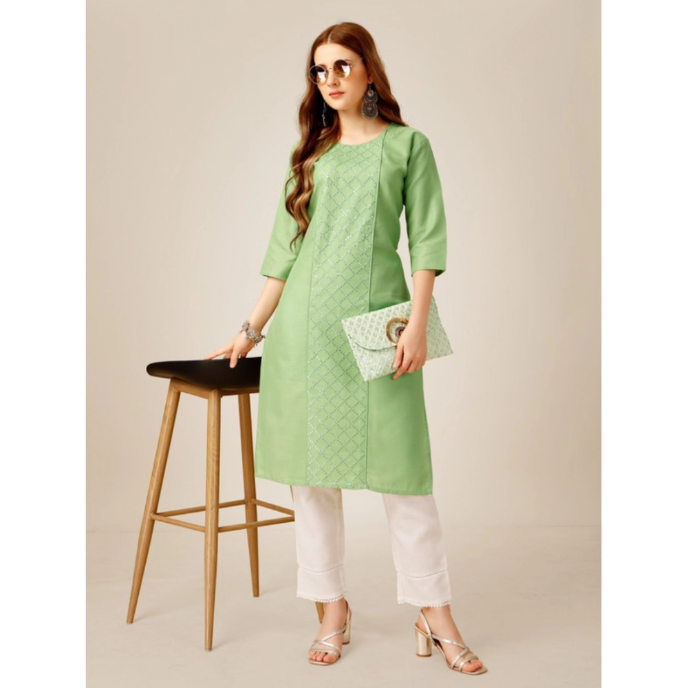 Generic Women's Casual 3-4 th Sleeve Embroidery Cotton Kurti Pant Set (Pista Green) - Image 2