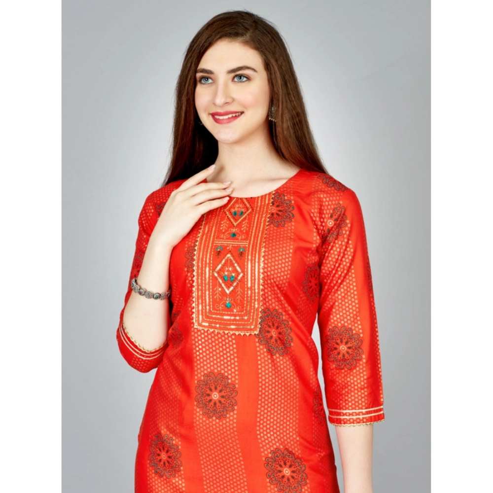Generic Women's Casual 3-4 th Sleeve Embroidery Rayon Kurti Pant Set (Orange) - Image 4