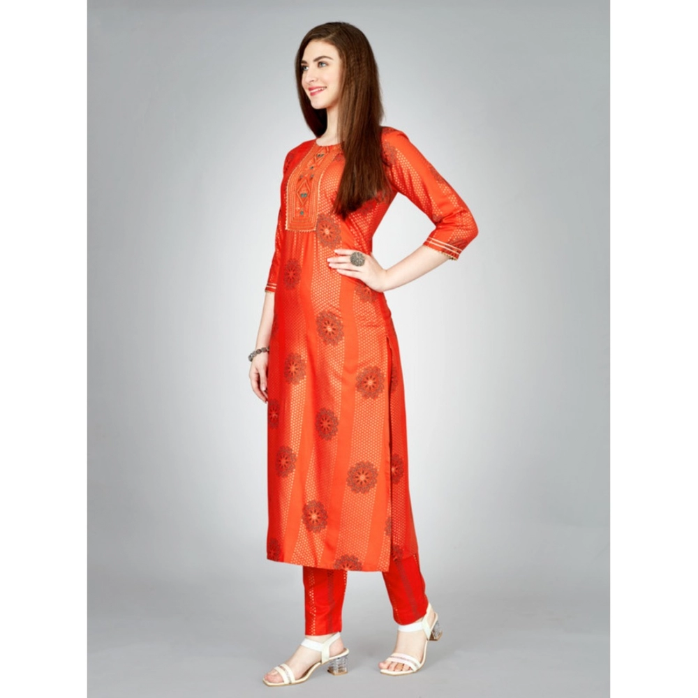 Generic Women's Casual 3-4 th Sleeve Embroidery Rayon Kurti Pant Set (Orange) - Image 5