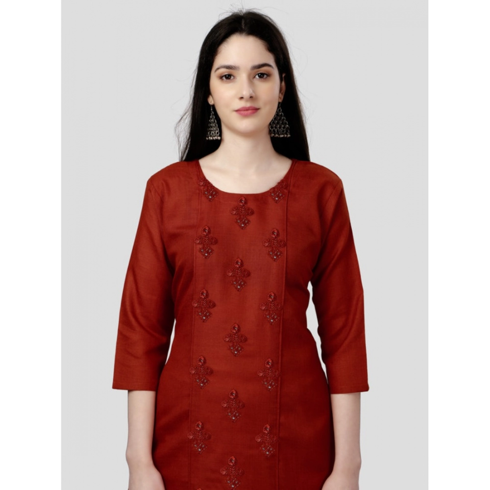 Generic Women's Casual 3-4 th Sleeve Embroidery Cotton Kurti (Rust) - Image 2