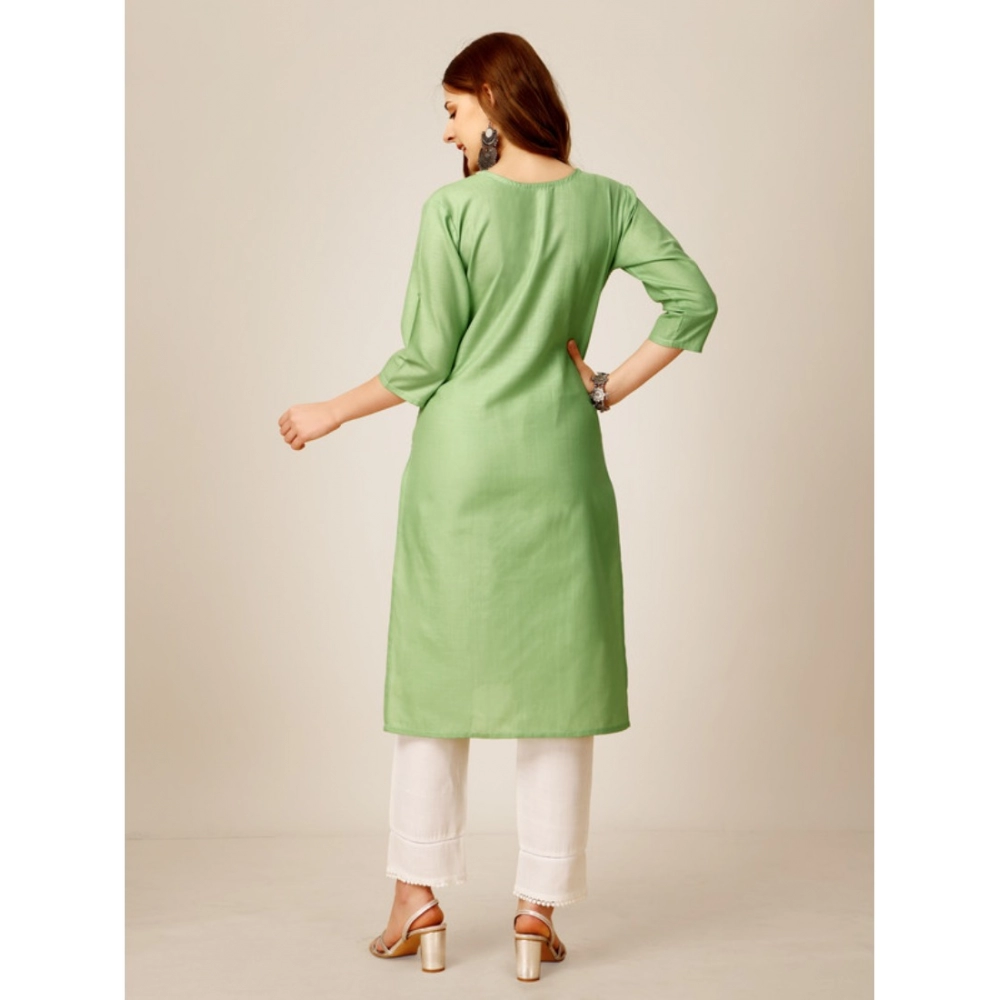 Generic Women's Casual 3-4 th Sleeve Embroidery Cotton Kurti Pant Set (Pista Green) - Image 6