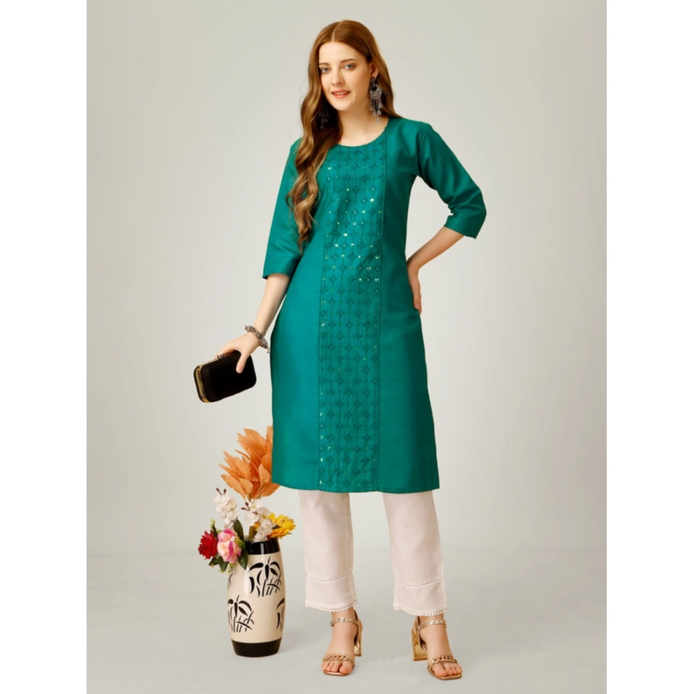 Generic Women's Casual 3-4 th Sleeve Embroidery Cotton Kurti Pant Set (Light Green) - Image 3