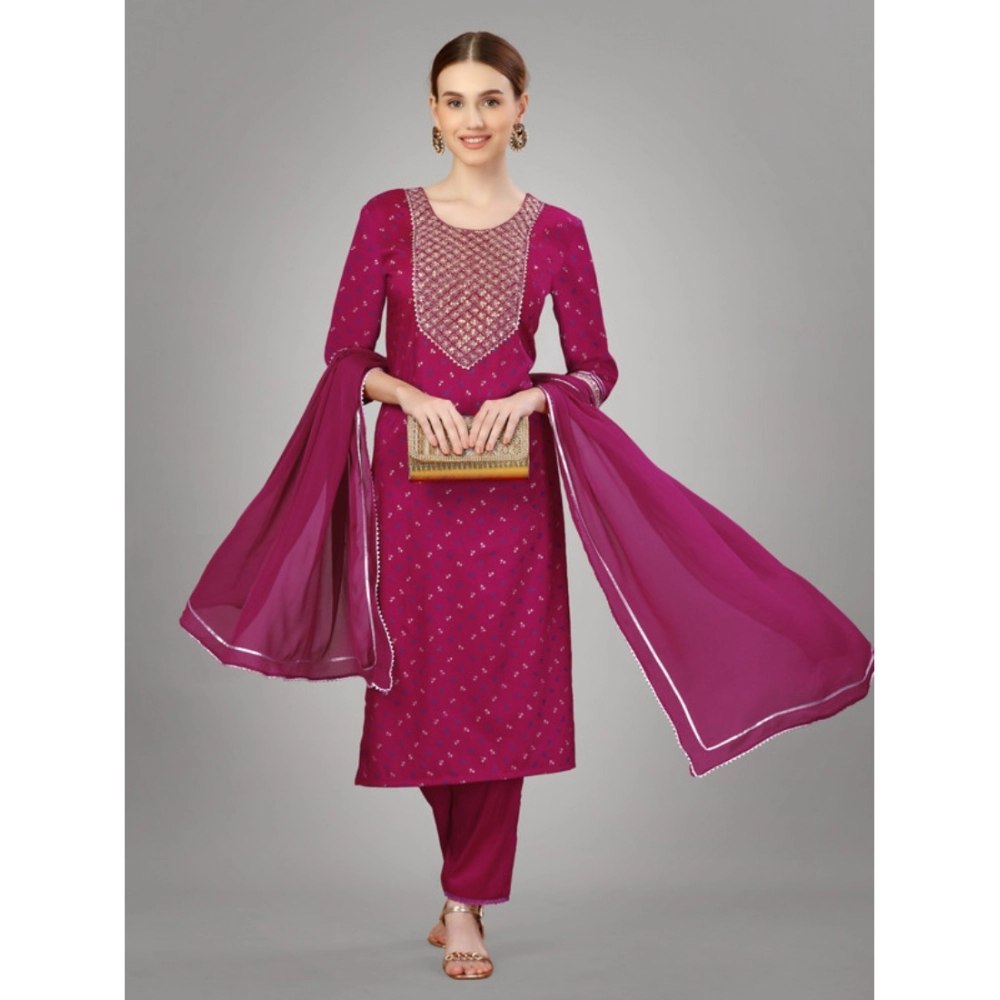 Generic Women's Casual 3-4 th Sleeve Embroidery Silk Blend Kurti Pant Dupatta Set (Rani) - Image 3