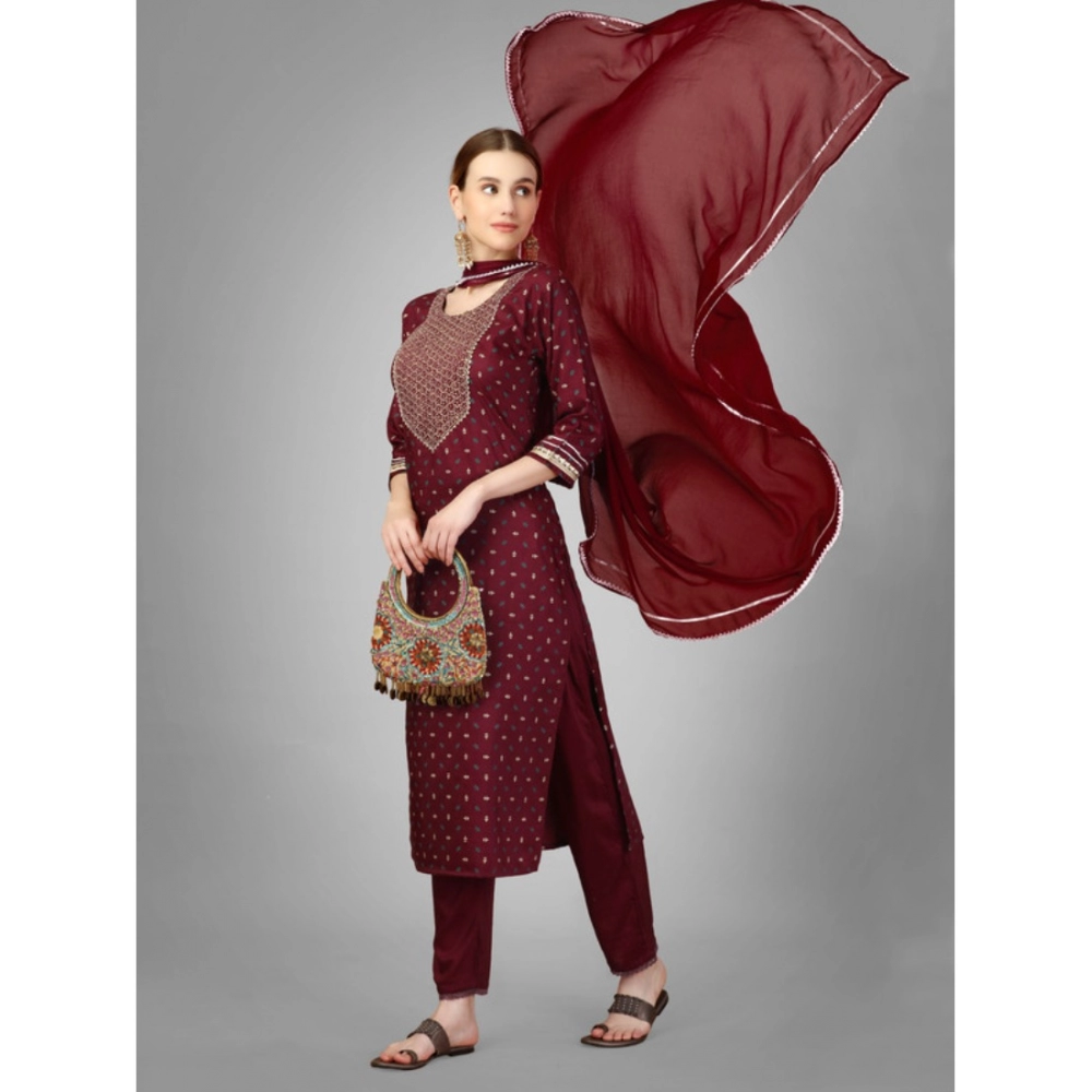 Generic Women's Casual 3-4 th Sleeve Embroidery Silk Blend Kurti Pant Dupatta Set (Maroon) - Image 2