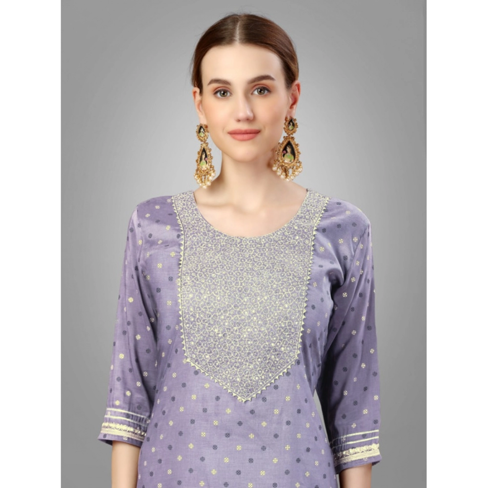 Generic Women's Casual 3-4 th Sleeve Embroidery Silk Blend Kurti Pant Dupatta Set (Lavender) - Image 4