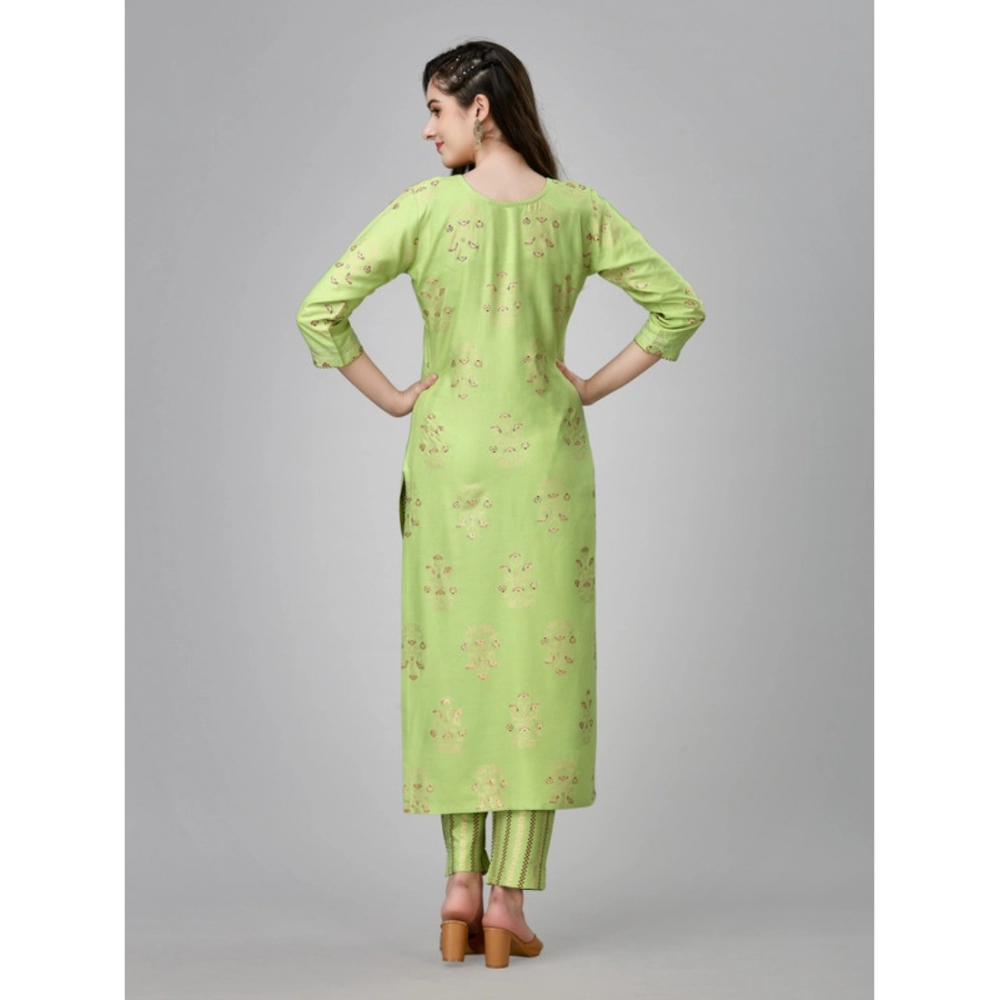 Generic Women's Casual 3-4 th Sleeve Embroidery Rayon Kurti Pant Set (Light Green) - Image 7