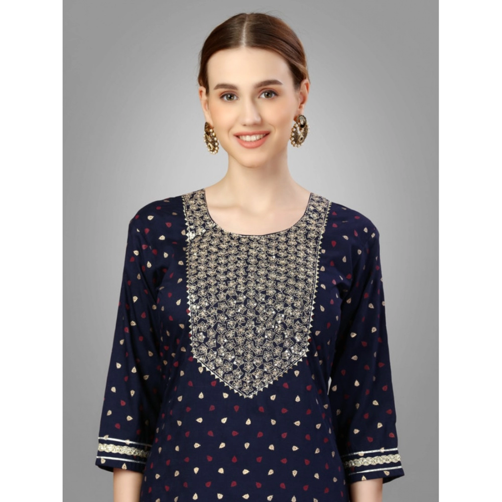 Generic Women's Casual 3-4 th Sleeve Embroidery Silk Blend Kurti Pant Dupatta Set (Navy Blue) - Image 4