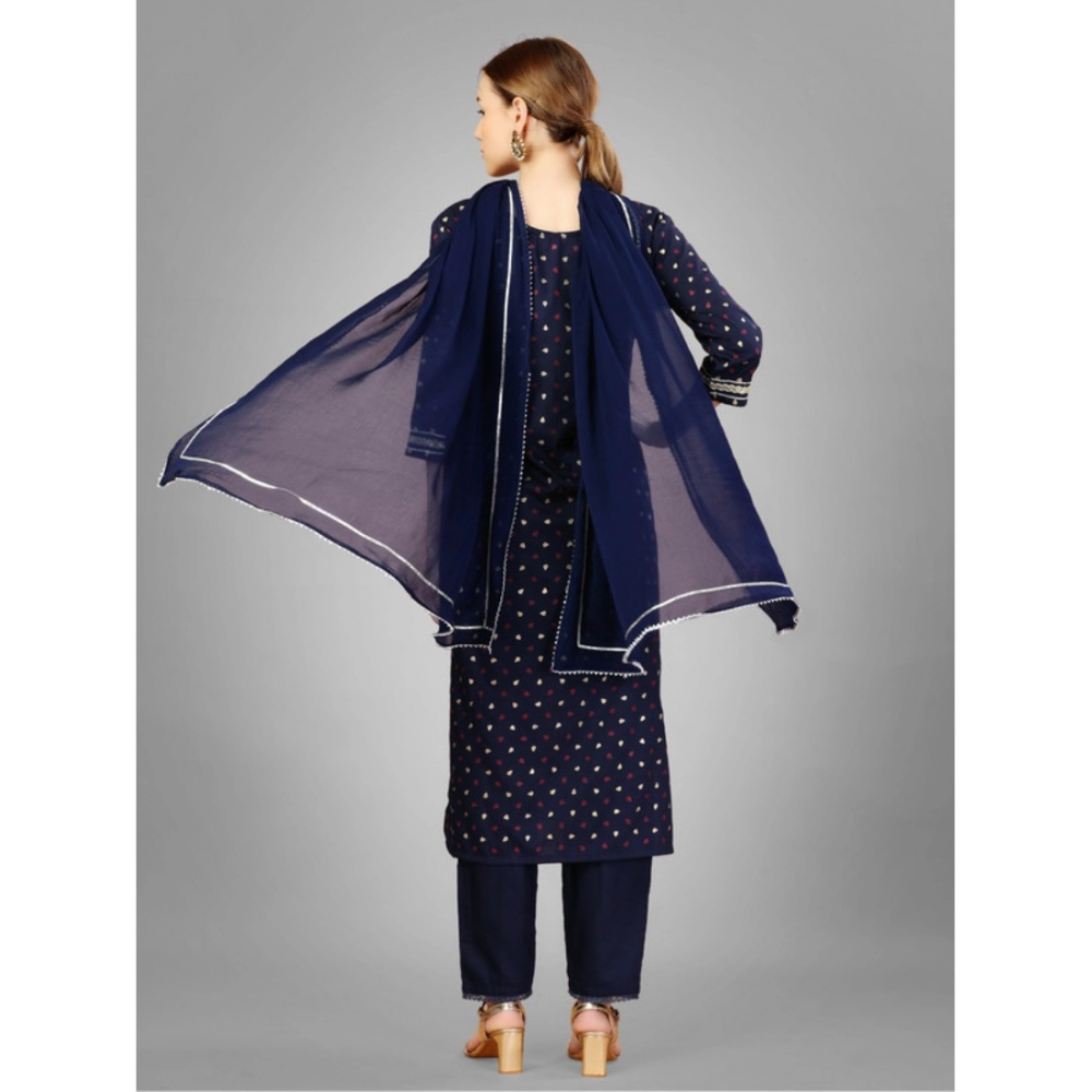 Generic Women's Casual 3-4 th Sleeve Embroidery Silk Blend Kurti Pant Dupatta Set (Navy Blue) - Image 7