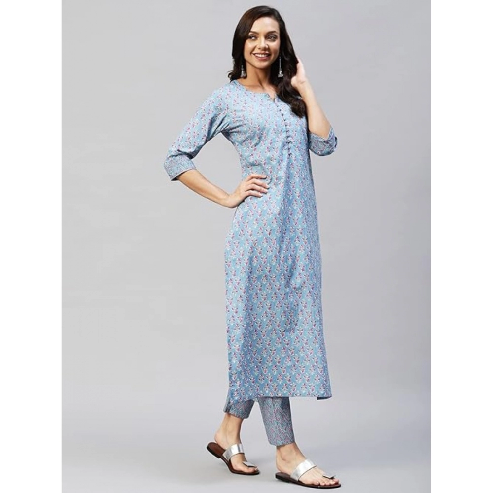 Generic Women's Casual 3-4 th Sleeve Printed Cotton Kurti Pant Set (Pastel Blue) - Image 5