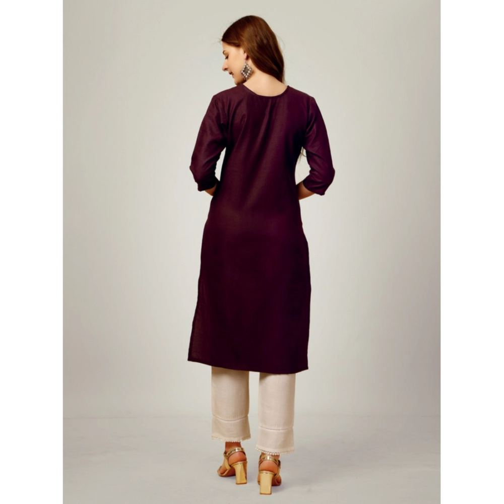 Generic Women's Casual 3-4 th Sleeve Embroidery Cotton Kurti Pant Set (Purple) - Image 7