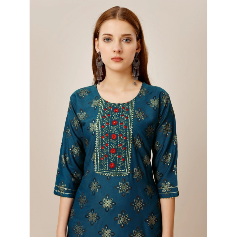 Generic Women's Casual 3-4 th Sleeve Embroidery Rayon Kurti Pant Set (Blue) - Image 4