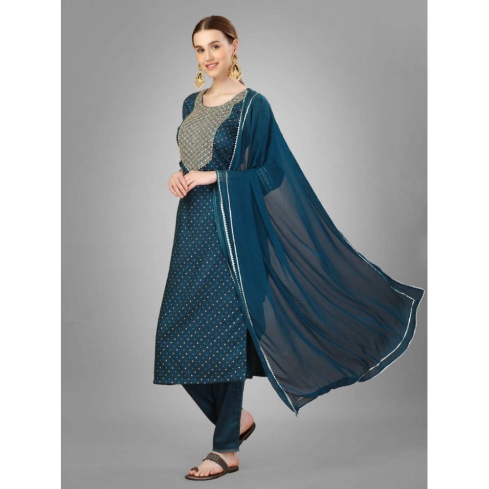 Generic Women's Casual 3-4 th Sleeve Embroidery Silk Blend Kurti Pant Dupatta Set (Blue) - Image 5