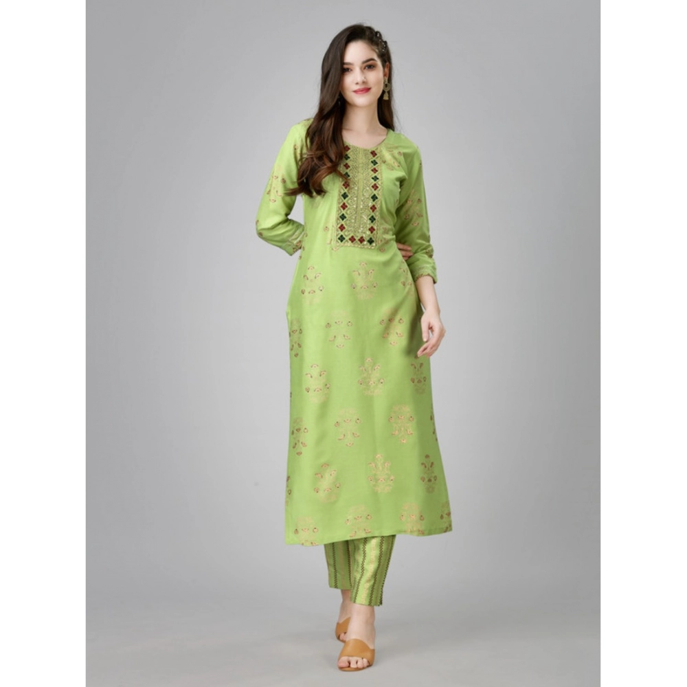 Generic Women's Casual 3-4 th Sleeve Embroidery Rayon Kurti Pant Set (Light Green) - Image 5