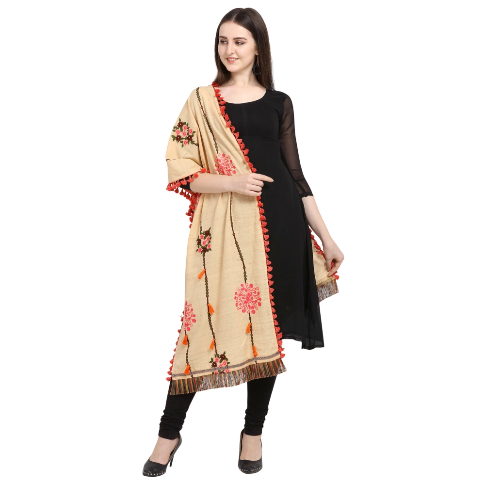 Generic Women's Cotton Embroidered Dupatta (Beige, Length: 1.5 to 2 Mtr)