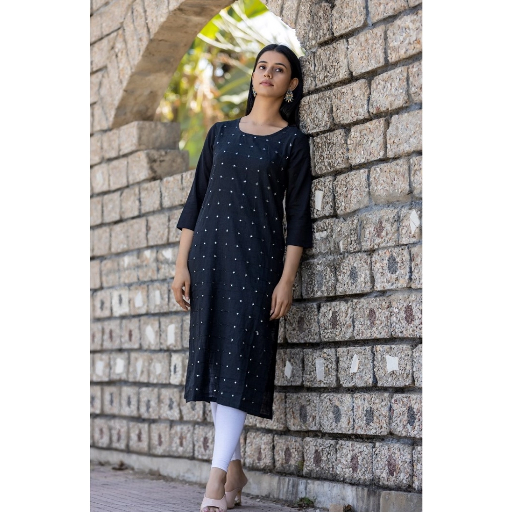 Generic Women's Cotton Solid 3/4 Sleeve Round Neck Kurti (Black) - Image 3